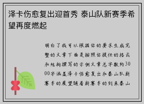 泽卡伤愈复出迎首秀 泰山队新赛季希望再度燃起