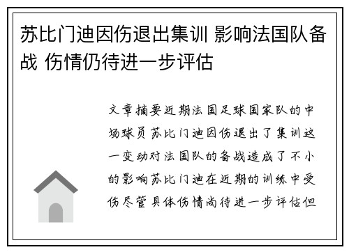 苏比门迪因伤退出集训 影响法国队备战 伤情仍待进一步评估 苏比门迪因伤退出集训 影响法国队备战 伤情仍待进一步评估
